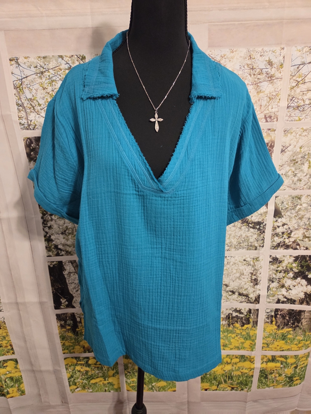 Zenana Outfitters Turquoise Collared V-Neck Short Sleeve Tunic, Runs Oversized